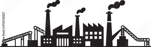 Industrial Factory Silhouette with Chimneys and Smoke Emissions on Transparent Background Vector Art