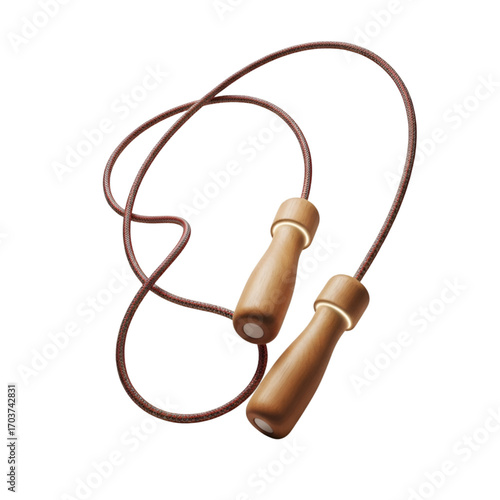 Brown jump rope with wooden handles isolated on transparent background