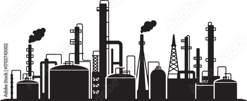 Industrial Refinery Plant Silhouette Vector Illustration with Pipes and Towers on Transparent Backdrop