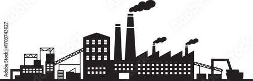 Industrial Plant Silhouette with Multiple Chimneys and Buildings on Transparent Background Vector