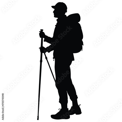 Silhouette of Hiker with Backpack and Hiking Poles Against White Space Adventure