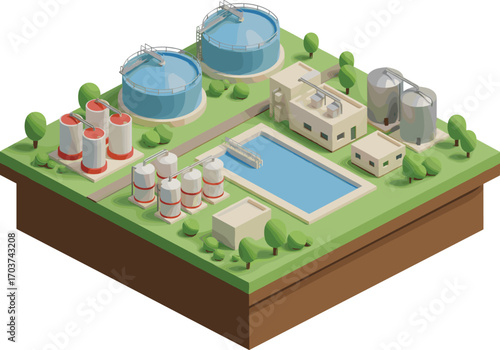 Isometric water treatment plant with storage tanks, filtration units, and purification pools, clean water infrastructure and industrial facility concept