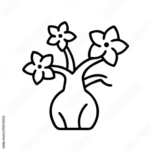 Adenium obesum plant with three flowers in simplistic line art style  