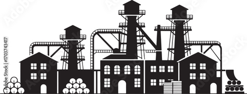 Mining Industry Silhouette Vector Illustration with Mine Shafts and Industrial Buildings for Extraction