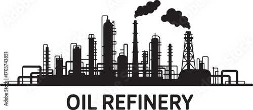Oil Refinery Silhouette Vector Illustration with Pipelines and Storage Tanks for Petroleum Industry