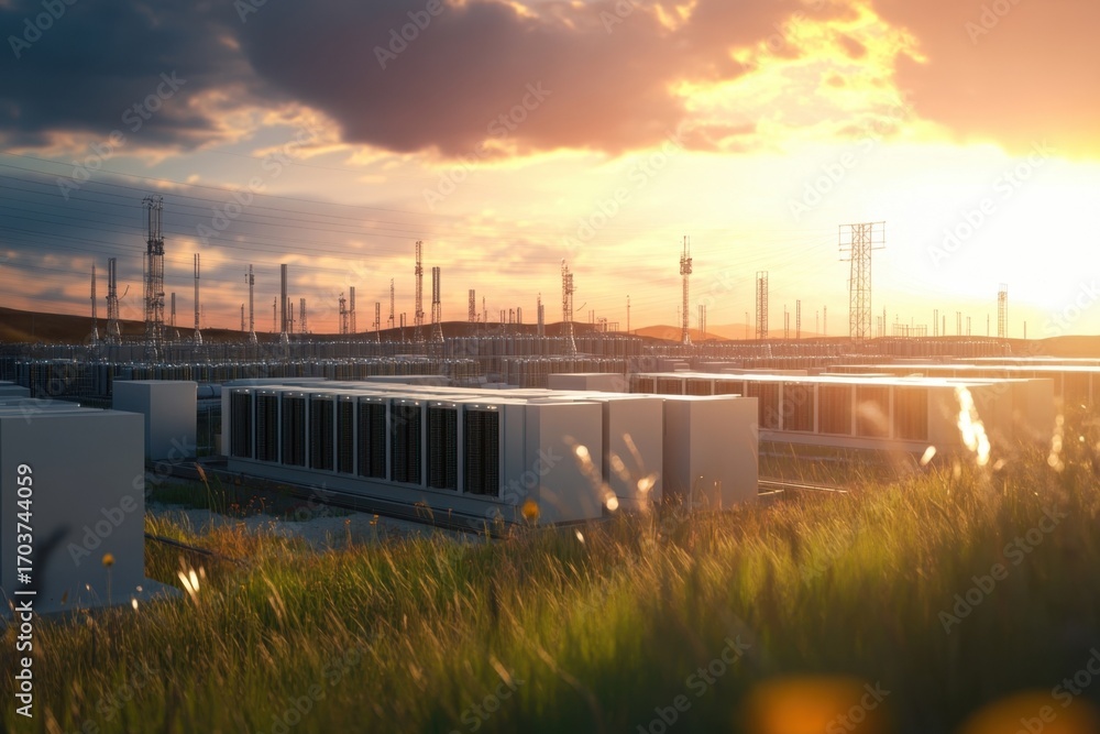 Fototapeta premium Sunset view of a technology facility surrounded by antennas and hills in serene landscape