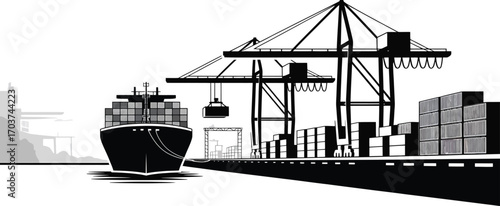 Silhouette of a Cargo Ship at a Port with Cranes and Containers in a Black and White Vector Graphic