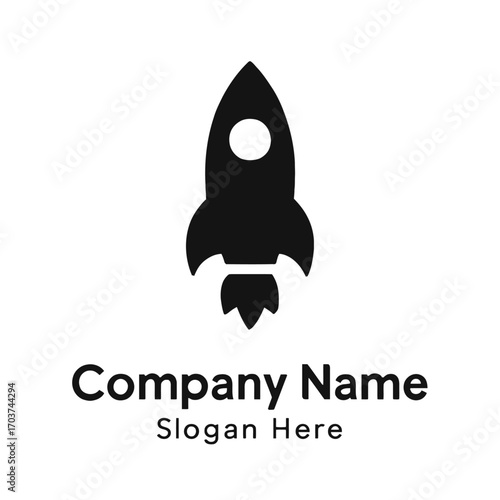 Sleek, minimalist black rocket icon launching upwards with dynamic exhaust, embodying rapid startup growth, technological innovation, space exploration, and visionary business success for modern enter