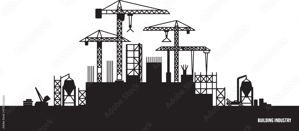 Obraz premium Silhouette of a Construction Site with Cranes and Buildings for Urban Development