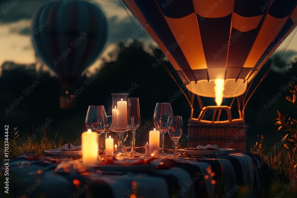 Obraz premium Romantic evening picnic with hot air balloons at sunset