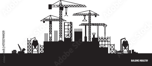 Silhouette of a Construction Site with Cranes and Buildings for Urban Development