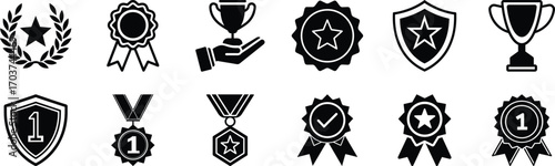 Reward icon set. Trophy icon certification, evaluation, stamp, satisfaction, service, support Illustration on white background.