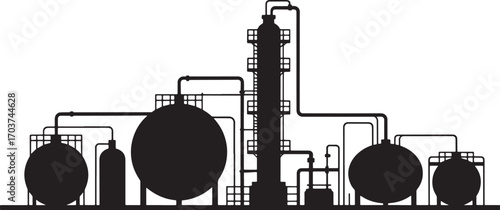 Silhouette of an Industrial Oil Refinery Plant with Tanks and Pipes in a Black and White Vector