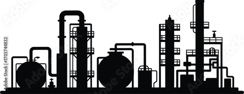 Silhouette of Industrial Plant with Pipes and Tanks Against Transparent Background Vector Illustration