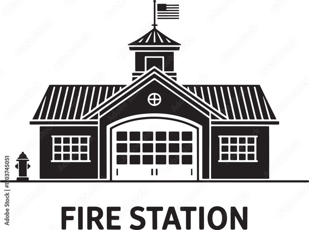 Fototapeta premium Silhouette Vector Illustration of a Fire Station with American Flag and Hydrant Design
