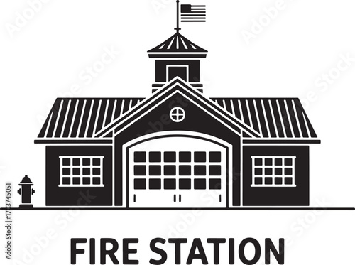 Silhouette Vector Illustration of a Fire Station with American Flag and Hydrant Design
