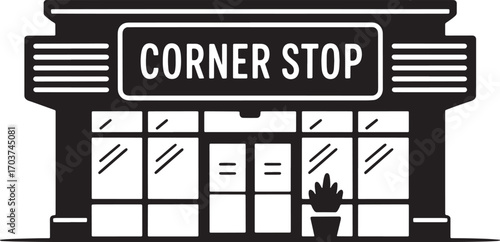 Silhouette Vector Illustration of a Corner Stop Storefront with Sign and Windows