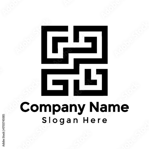 Black square geometric abstract logo, complex labyrinth pattern, bold lines. Subtle G and S letters are integrated. Modern minimalist design, ideal for brand identity, symbolizing connection, strategy