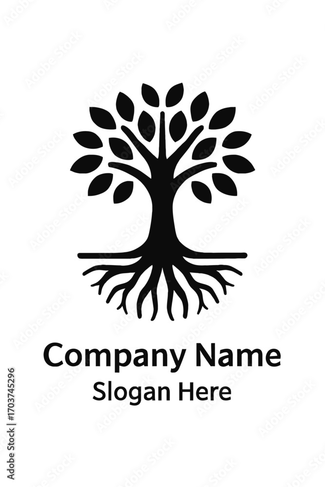 Fototapeta premium Elegant minimalist black tree logo, showcasing a full, lush leaf canopy and deep, interconnected roots, symbolizing growth, stability, nature, strong foundations, sustainability, and life. This versat
