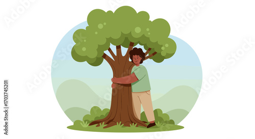 Cartoon of a person hugging a large tree trunk in a nature scene, concept for environmental awareness, nature conservation and ecological balance