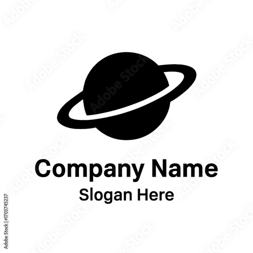 Black silhouette logo icon of a planet with a ring, similar to Saturn. It represents themes of space, global reach, technology, innovation, and universal connectivity. Ideal for modern companies, digi