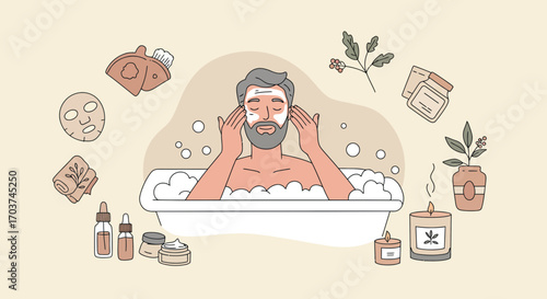 Man with face mask relaxing in bathtub surrounded by skincare products and candles, concept for personal care routine, wellness promotion and spa illustration