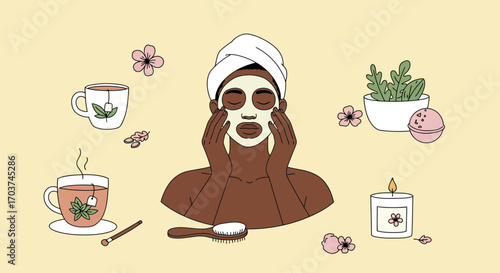 Dark-skinned woman with a face mask and towel, surrounded by tea cups, candle and plant. Concept for self-care routine, spa day and wellness illustration