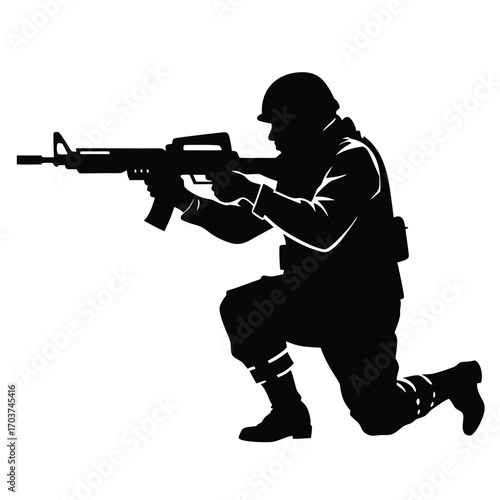 Silhouette of Soldier Kneeling and Aiming a Rifle Weapon Illustration