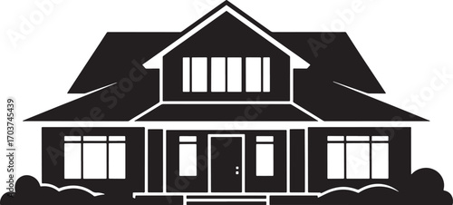 Suburban Home Silhouette A Two Story House with Dormer Windows and Landscaping Illustration