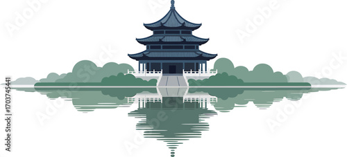 Traditional Asian Pagoda Silhouette Vector Illustration with Water Reflection and Landscape
