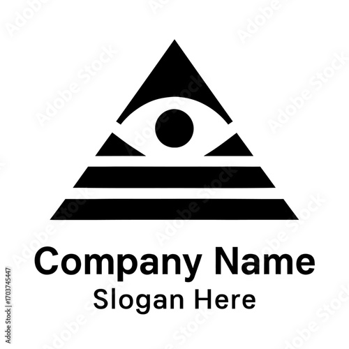 Black geometric pyramid logo with all-seeing eye and two base lines. Symbolizes vision, wisdom, protection, and strength. Ideal for authoritative, mysterious, symbolic brands. Perfect for consulting,