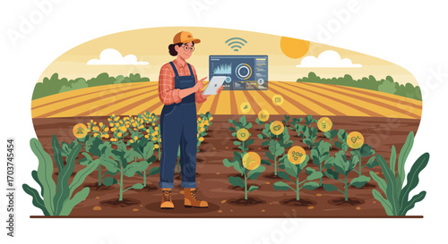 Farmer using tablet in field with digital display, monitoring crop data and growth analytics. Concept for precision agriculture, smart farming solutions and sustainable agricultural practices