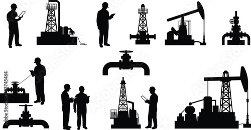 Silhouette oil industry workers vector illustration with drilling rigs, pump jacks, pipelines, refinery equipment, petroleum engineers, fuel extraction, and industrial process.