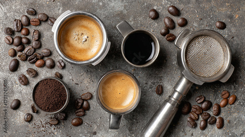 Espresso coffee beans portafilter and ground coffee