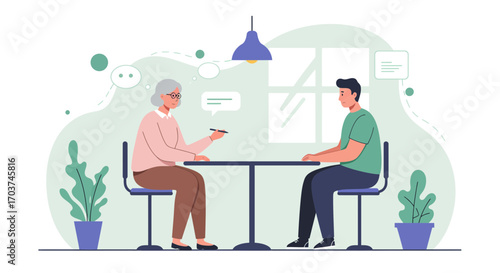 Woman with a pen consulting a young man at the table with a background of window and green plants, concept for career counseling, psychotherapy session and personal development guidance