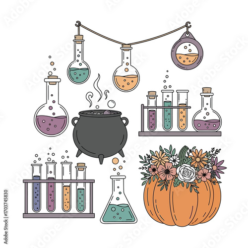 Illustrated set of whimsical witch's brew ingredients, including colorful chemical flasks, a bubbling pot, and a festive floral pumpkin for Halloween