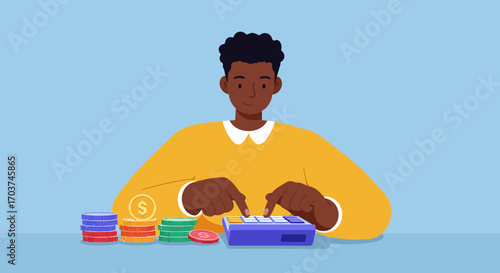 An african man calculates finances with calculator and coins on a blue background. Concept for financial planning, bookkeeping management and personal budget