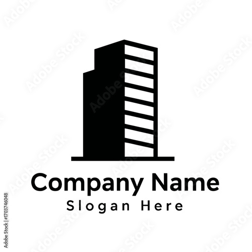 Modern minimalist black building icon for real estate, construction, architecture, urban development, property management, corporate branding, investment. Represents growth, innovation, sophisticated