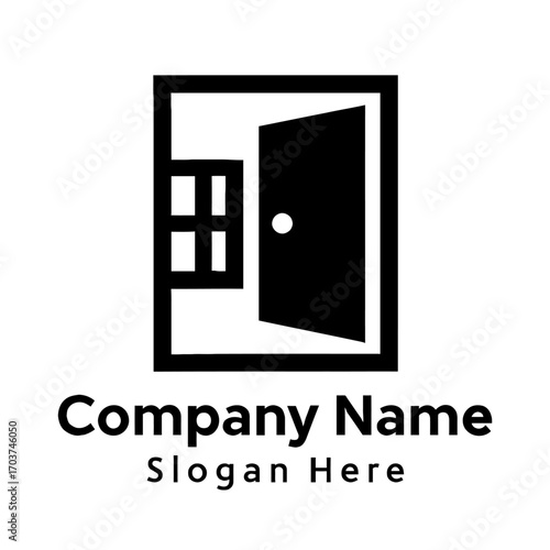 Modern Minimalist Home and Property Logo Design Featuring an Open Door and Window within a Sleek Square Frame, Ideal for Real Estate Agencies, Property Management, Construction, Home Security, and Arc