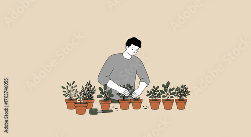 A man is gardening, planting greenery seedlings in terracotta pots on a beige backdrop, concept for sustainable living, urban gardening and hobby development