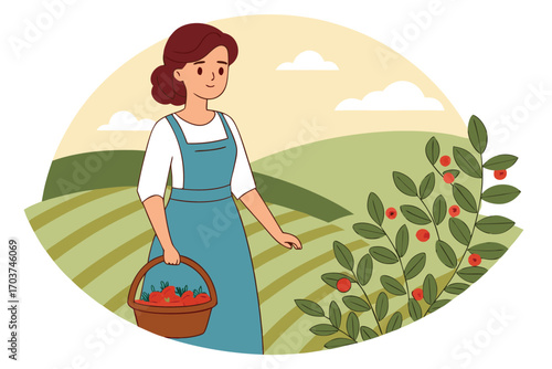 Vector art of a woman in overalls picks berries from a bush in a field, holding a basket