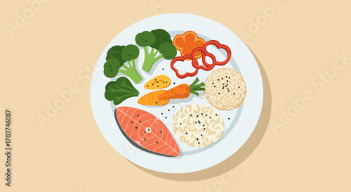 Top view plate with salmon, broccoli, rice, carrots and peppers on a light background. Concept for healthy diet, balanced meal planning and nutritional guidance
