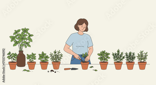 Young woman tending to potted plants indoors with trowel and snipping, indoor hobby concept for home gardening, sustainable living and creative activity at home