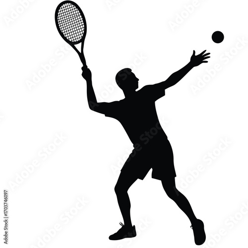 Tennis Player Silhouette Serving The Ball Using Racket Against White Backdrop