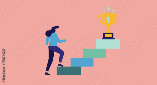 Illustration of a woman climbing stairs towards a golden trophy on a pink background. Concept for career advancement, achieving success and business motivation