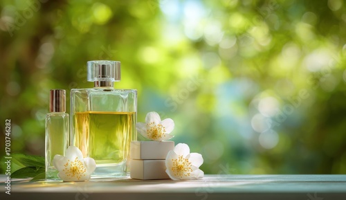 Fototapeta Naklejka Na Ścianę i Meble -  Perfume bottles and jasmine flowers on a light wooden surface, bathed in soft sunlight, set against a blurred background of a green garden