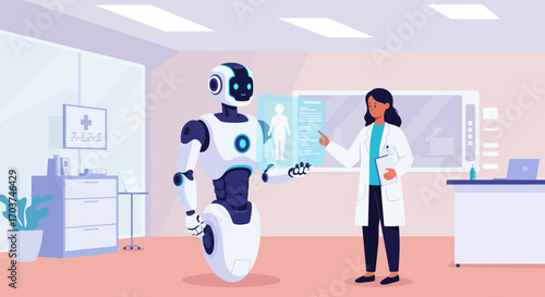 Woman doctor interacts with futuristic robot, reviewing medical data in the office. Concept for AI-driven healthcare, medical technology advancement and automated diagnostic assistance