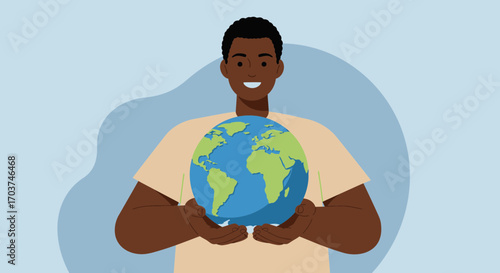 Smiling african man holding blue and green earth globe in his hands, concept for environmental awareness, ecological sustainability and global citizenship
