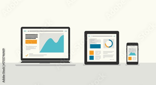 Laptop, tablet and smartphone showcasing dashboard data with charts and graphs on the screens, concept for responsive design, data analytics and cross-platform compatibility