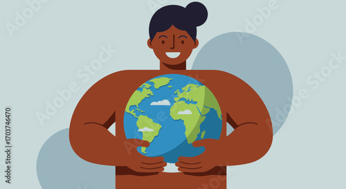Smiling dark-skinned person embracing a globe of Earth with vibrant continents and cloudy atmosphere. Concept for environmental awareness, global sustainability and ecological balance